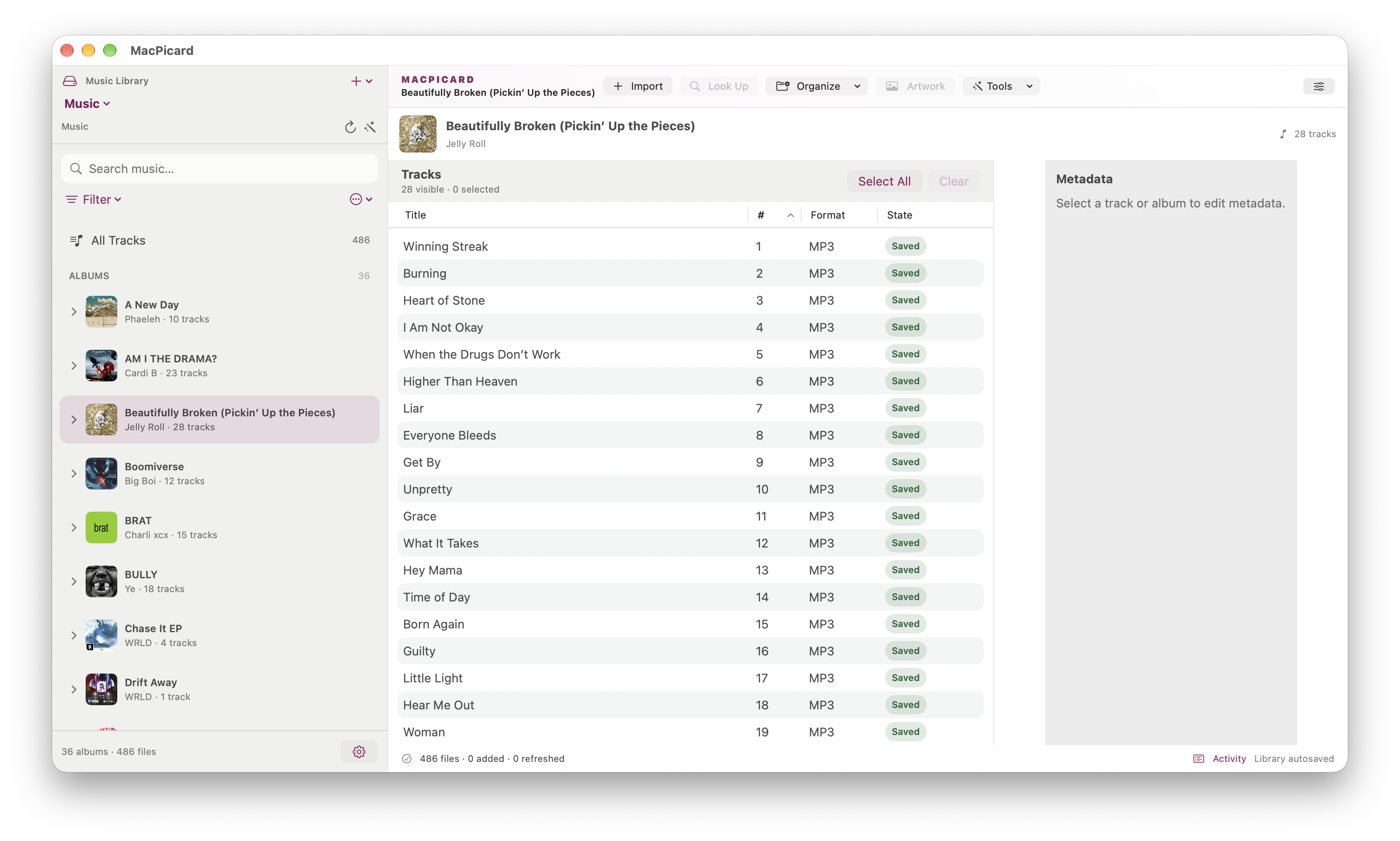 MacPicard music library with an album sidebar and a track table showing metadata and artwork