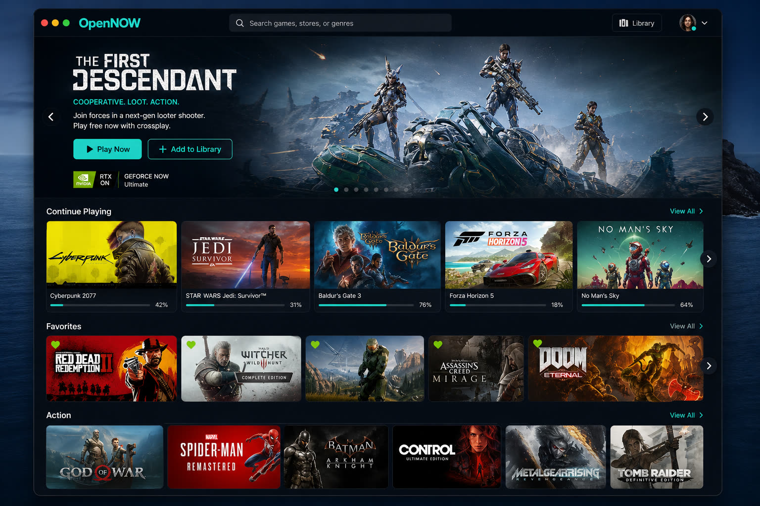 OpenNOW catalog with a cinematic hero and game rails