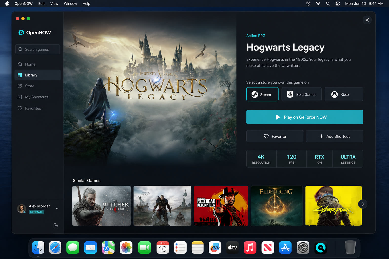 OpenNOW game detail with store picker and Play button