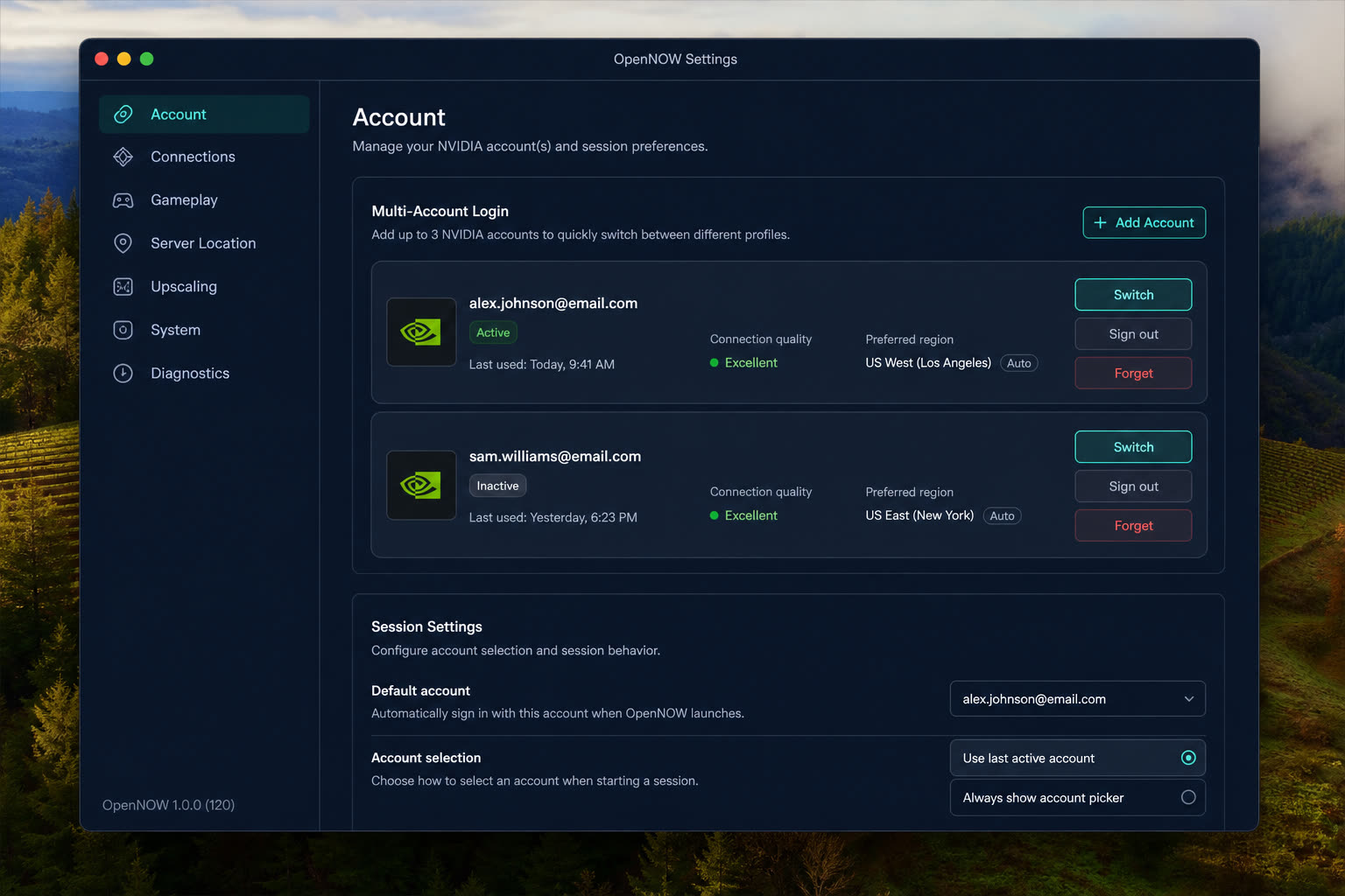 OpenNOW settings showing multi-account NVIDIA login