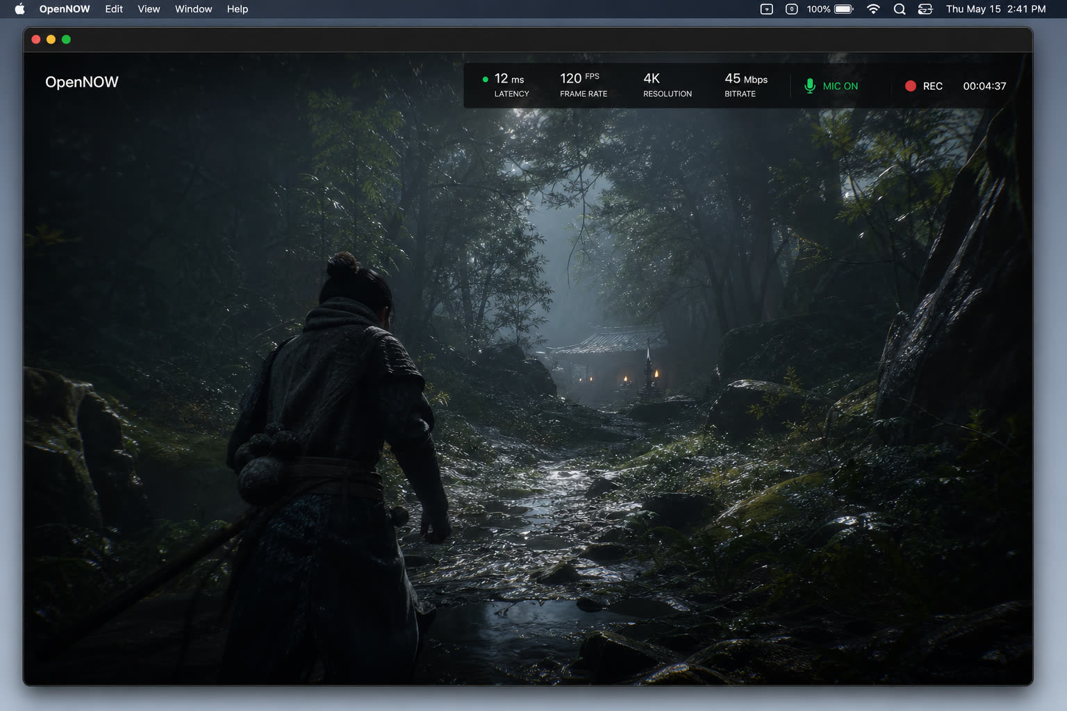 OpenNOW streaming session with latency and FPS overlay