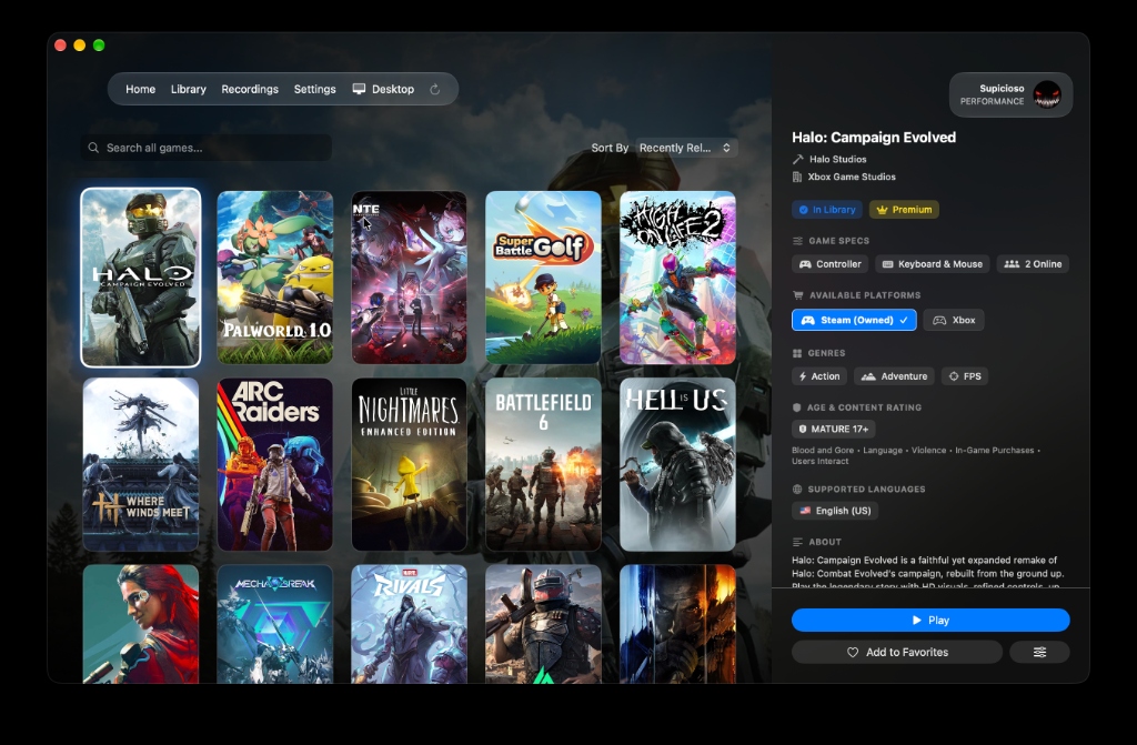 PixelNOW catalog interface displaying game library and detailed game information sidebar