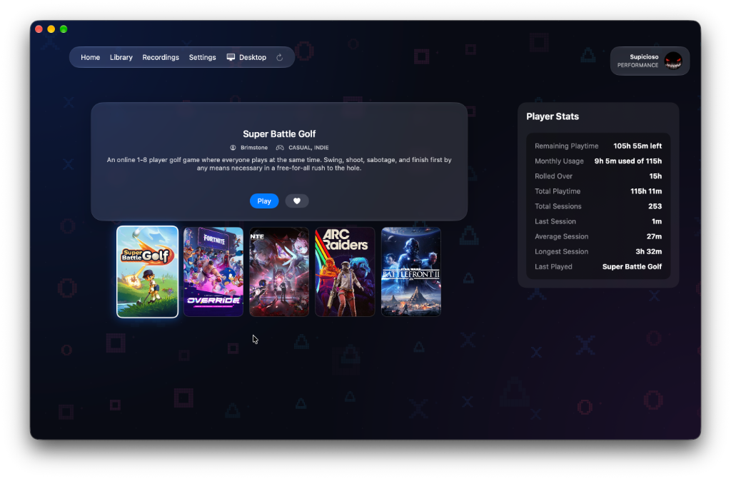 PixelNOW library and player stats view showing game rails and detailed session tracking